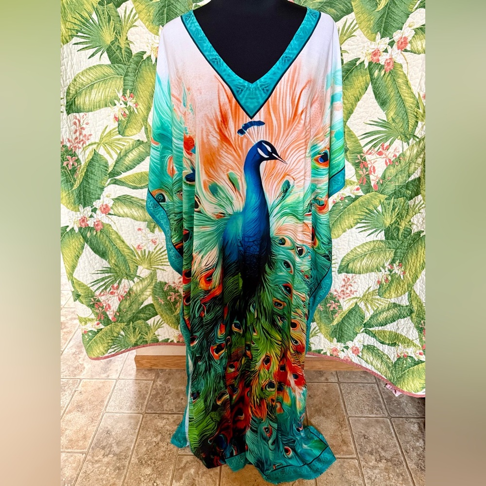 FREE SIZE Peacock Print SILKY Kaftan Dress